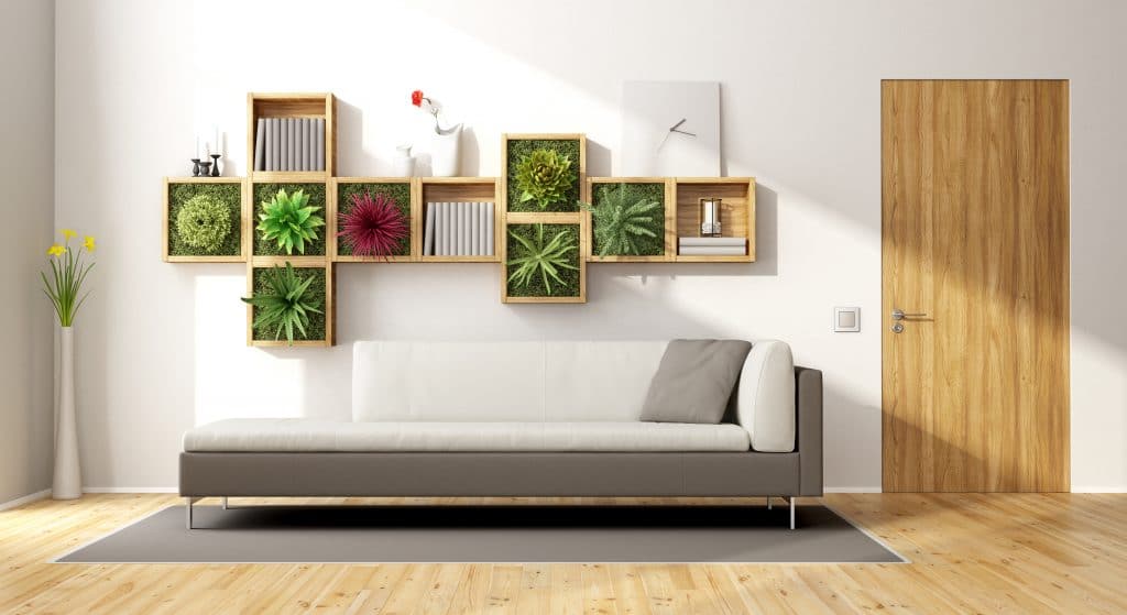 Modern living room with vertical garden,sofa and wooden door - 3d rendering